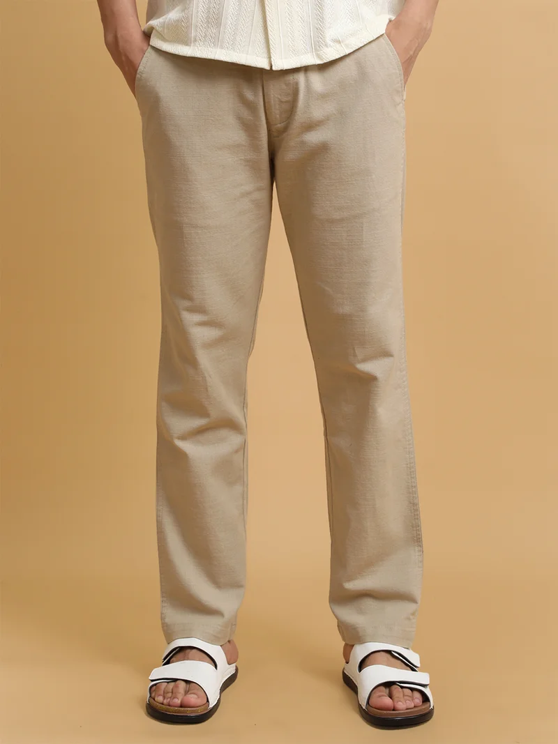 مانياك Maniac Mens Italy Linen Solid Beige Cotton Trouser